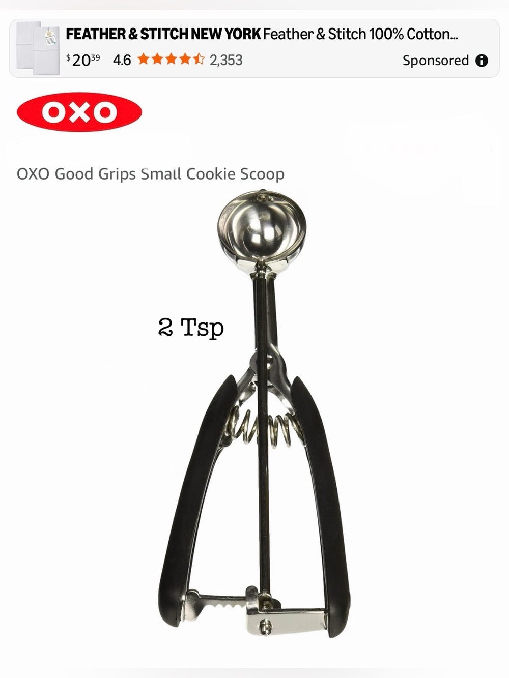 OXO Black Stainless Steel Ice Cream & Cookie Scoop 2 Tsp
